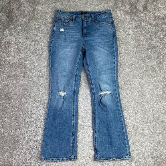J. Crew Factory Denim - J. Crew Factory Jeans Women's 26 Blue Flare Crop Mid-Rise Dark Denim Distressed